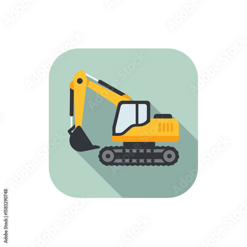 A bright yellow excavator with a long arm and bucket sits on tracks, casting a long shadow on a light blue-green background.