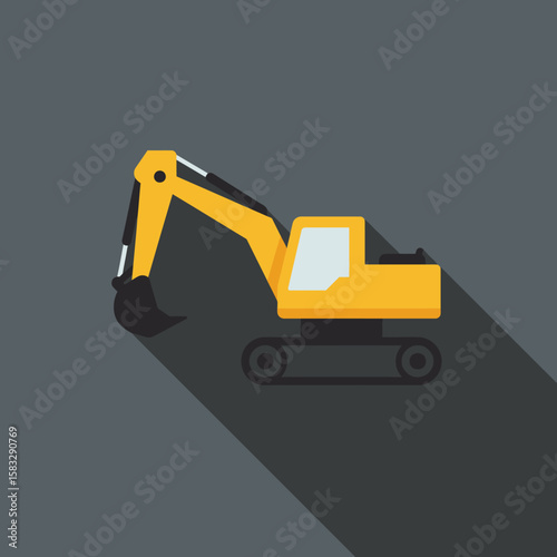 Yellow excavator with long arm and bucket, shown in a flat design style with a long shadow on a dark gray background, ideal for construction, industry, and engineering projects.