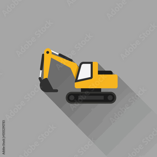 A flat vector illustration depicts a yellow excavator with a long shadow on a gray background, suitable for construction or transportation themes, conveying simplicity.