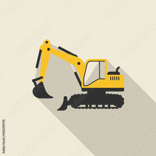 A vibrant yellow excavator is depicted in a flat vector illustration with a long shadow, ideal for construction or transportation-themed designs and marketing materials.