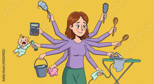 Busy Woman with Multiple Arms Juggling Household Chores and Baby Care