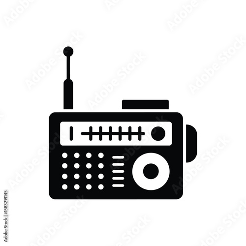 Black and White Radio Icon with Antenna and Speaker