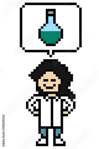 Pixel cute cartoon 8 bit character woman doctor scientist game lab decoration science female scientist uniform lady professor specialist 8 bit woman pixel art 8bit png vector.