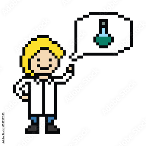 Pixel cute cartoon 8 bit character man doctor scientist game lab decoration science male scientist uniform professor specialist 8 bit man pixel art 8bit png vector.