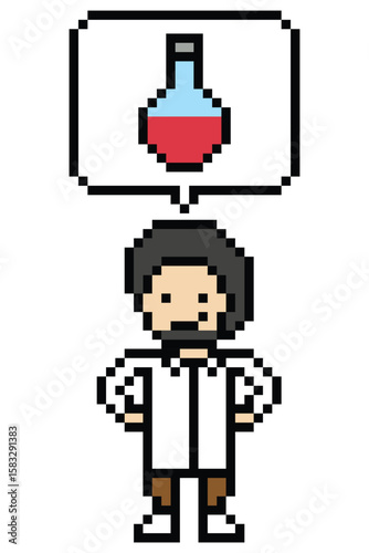 Pixel cute cartoon 8 bit character man doctor scientist game lab decoration science male scientist uniform professor specialist 8 bit man pixel art 8bit png vector.