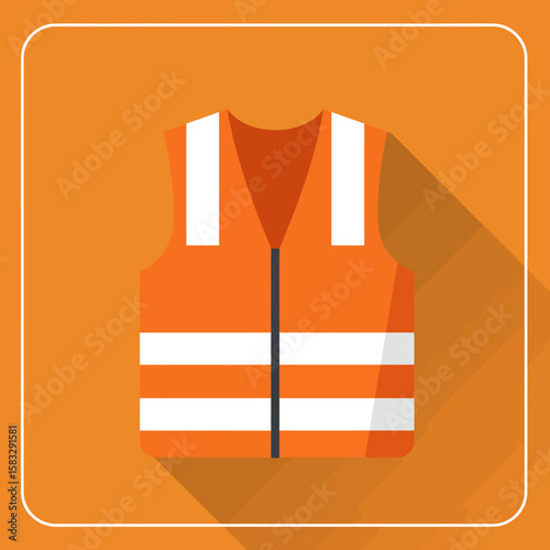 Bright orange safety vest with reflective stripes, presented in a modern flat design against a solid orange background, symbolizing safety and visibility.