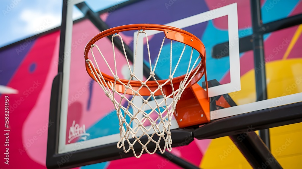 Fototapeta premium Orange basketball hoop with white net against colorful mural sports