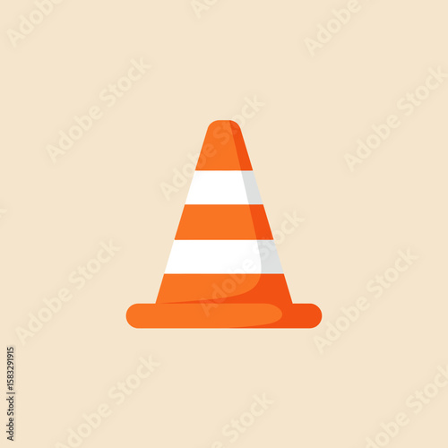 A vibrant orange and white striped traffic cone stands against a soft beige background, symbolizing safety, caution, and construction in a clean, minimalist design.