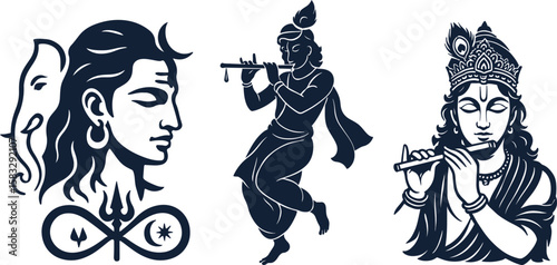 Divine trio—stylized silhouettes of Shiva with trident and Krishna in two flute poses, symbolizing grace and transcendence.