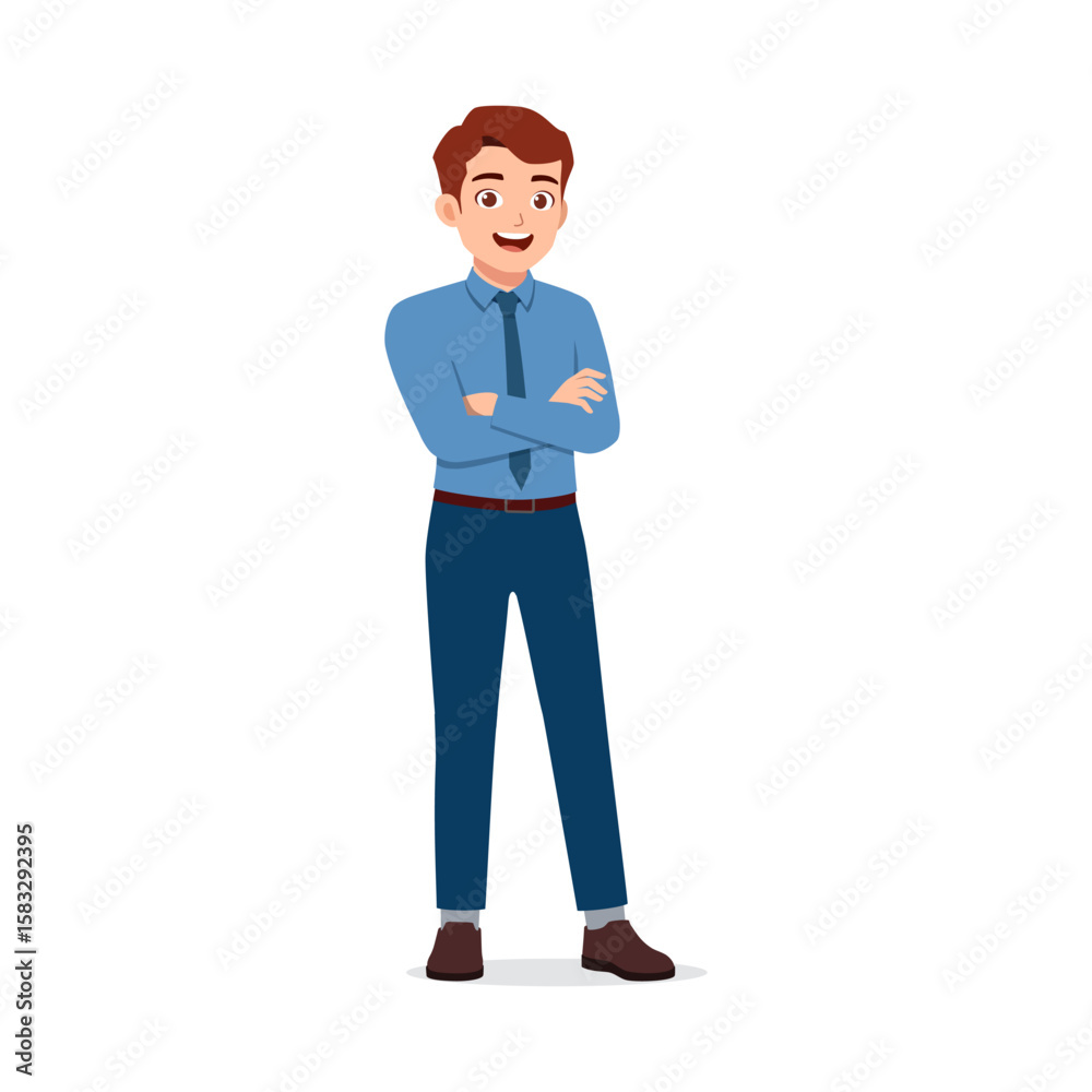 Smiling Caucasian man in blue shirt and tie stands with arms crossed confidently at studio shoot Smiling Caucasian man in blue shirt and tie stands with arms crossed confidently at studio shoot