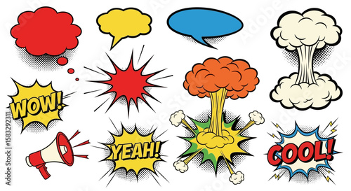 Collection of Vibrant Retro Comic Book Speech Bubbles and Explosion Effects