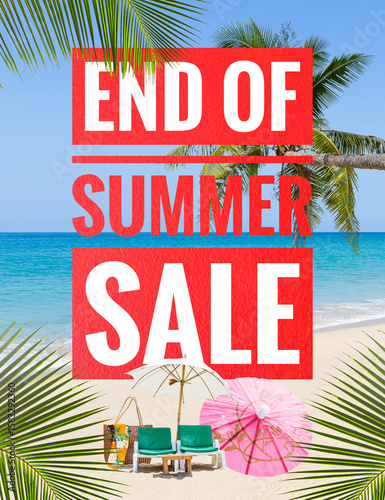 End of summer sale banner over tropical beach background, summer promotion poster background idea