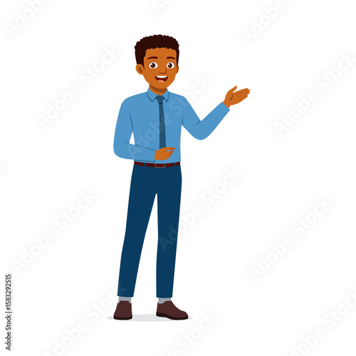 Smiling Black Man Presenting with Hand Gesture in a Corporate Environment, Presentation Illustration