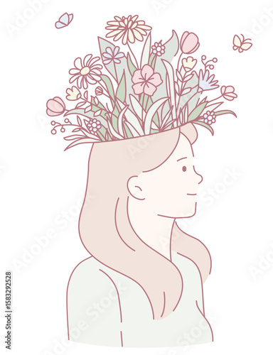 A serene illustration of a woman in a vibrant floral crown, celebrating nature and inner tranquility