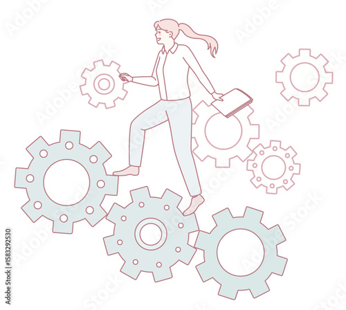 A professional woman expertly balancing on rotating gears, symbolizing creativity and teamwork vital in business