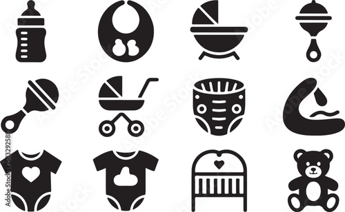 Collection of baby care and infant items in a simple silhouette style