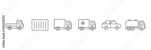 Transport icon set. Commercial vehicles line icon set. Vector pictograms of container, pallet, forklift, plane, drone, helicopter, ship, cargo truck, warehouse more. Vector illustration.