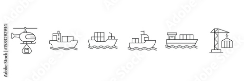 Transport icon set. Commercial vehicles line icon set. Vector pictograms of container, pallet, forklift, plane, drone, helicopter, ship, cargo truck, warehouse more. Vector illustration.