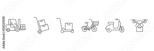 Transport icon set. Commercial vehicles line icon set. Vector pictograms of container, pallet, forklift, plane, drone, helicopter, ship, cargo truck, warehouse more. Vector illustration.