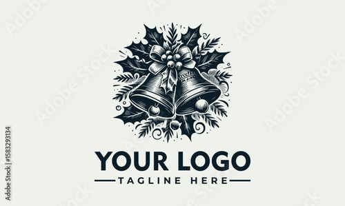 Vintage Christmas logo featuring two bells adorned with holly and berries.