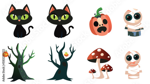 Cartoon halloween elements featuring black cats, pumpkins, trees, mushrooms, and mummy characters