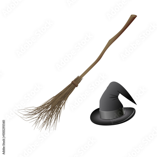 Witch hat and magic broom. Halloween stickers. Set of vector illustrations for all saints ' day. Mystical witchcraft. Print.