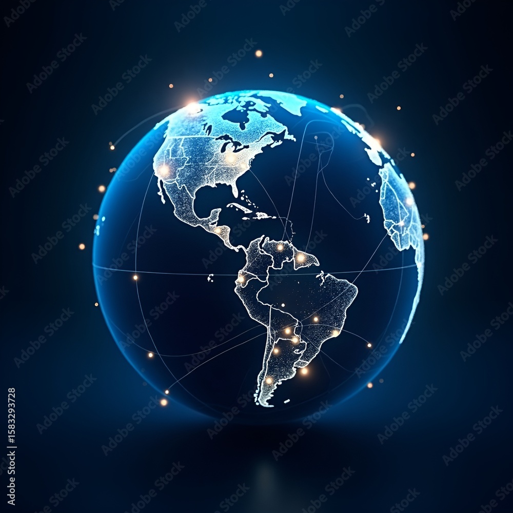 Fototapeta premium Earth globe on blue and black backgrounds showing continents and global communication concept