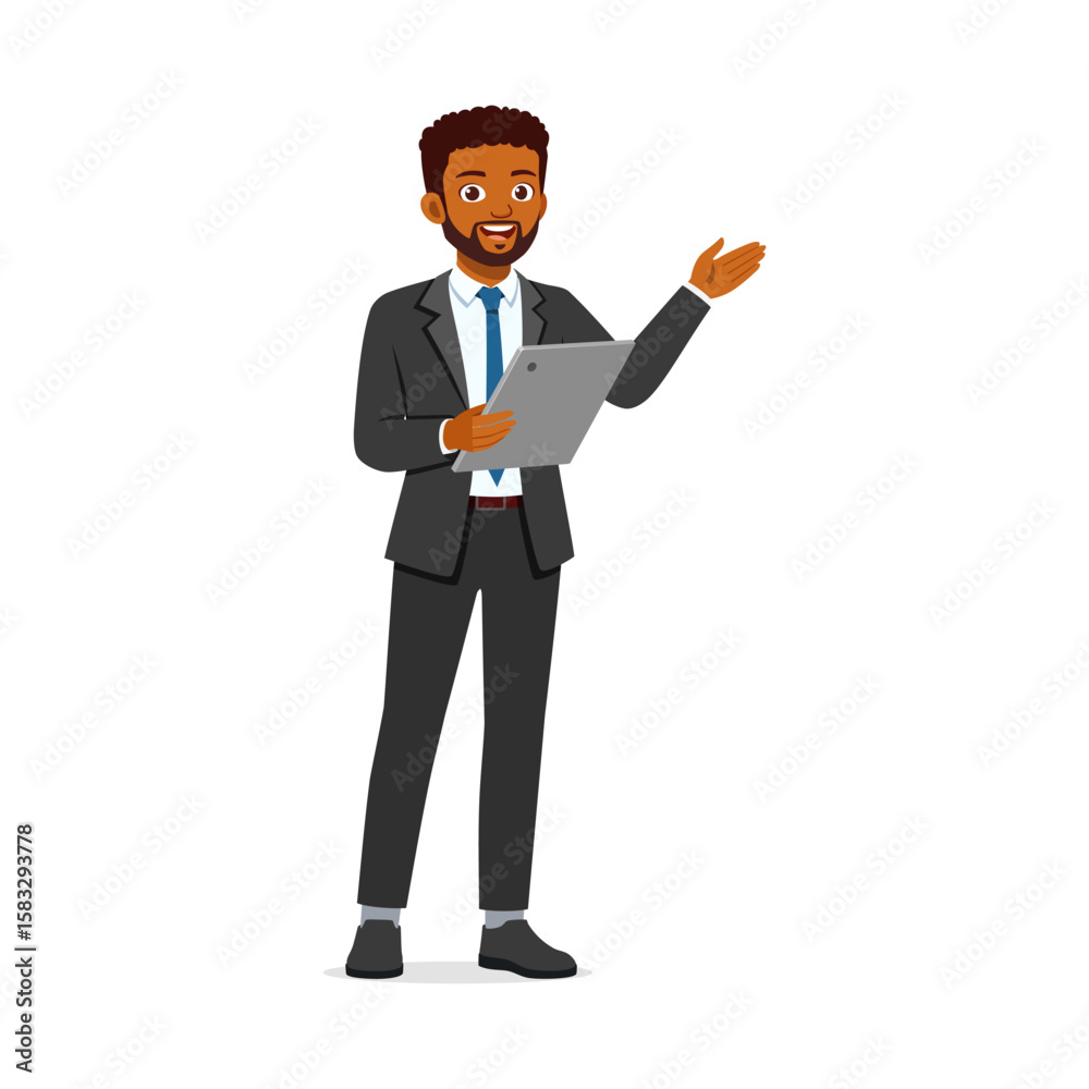Fototapeta premium Smiling African American Businessman Holding Tablet and Presenting Isolated