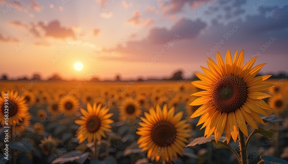 Obraz premium Sunflowers bloom in a golden field at sunset.