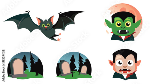 Cartoon halloween set featuring a bat, two vampires, and a graveyard with tombstones and trees