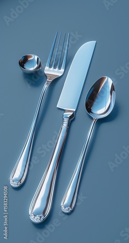 3D rendering of silverware, including a knife, fork, and spoon, on a blue background.