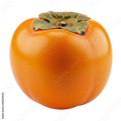 Fresh Bright Orange Persimmon Fruit with Green Leaf on Top Isolated on Transparent Background