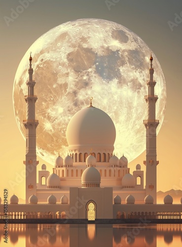 A huge moon behind the white mosque, wallpaper, Ramadan crescent illustration.