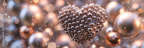 3D rendering of a heart made from silver and copper metallic spheres.