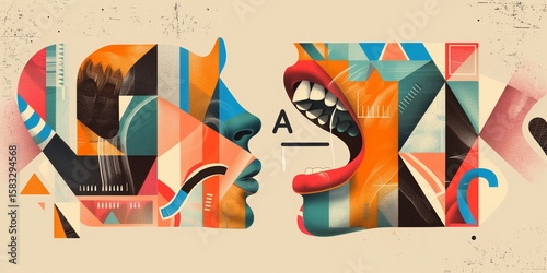 A graphic design illustration depicting two people conversing, with geometric shapes.