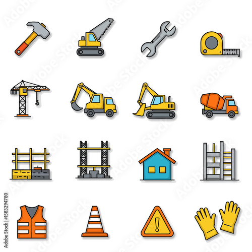 A collection of colorful flat icons representing construction tools, machinery, safety gear, and building elements on a white background.