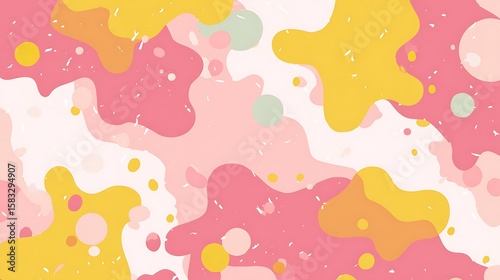 Minimalistic pastel background with pink, yellow and mint tones, featuring abstract splash shapes in playful composition, perfect for children’s wallpaper or creative packaging decoration.