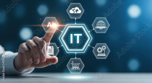 IT Solutions and Artificial Intelligence Concept: Hand Touching AI Icon with Cloud, Globe, Laptop, and Document Icons for Modern Technology Solutions