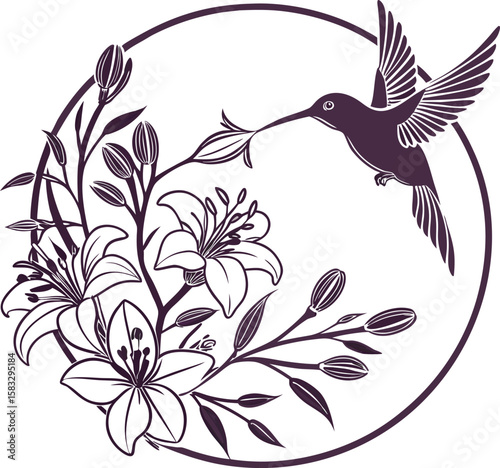 Hummingbird and Lily: A graceful hummingbird hovers near delicate lilies, its long beak poised to sip nectar, all encased within a circular design.