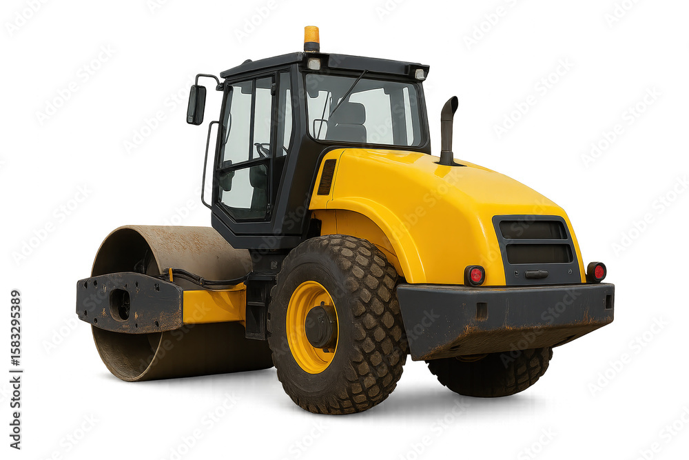 Fototapeta premium A close-up of a yellow road roller ready for construction work, showcasing its powerful design and robust tires.
