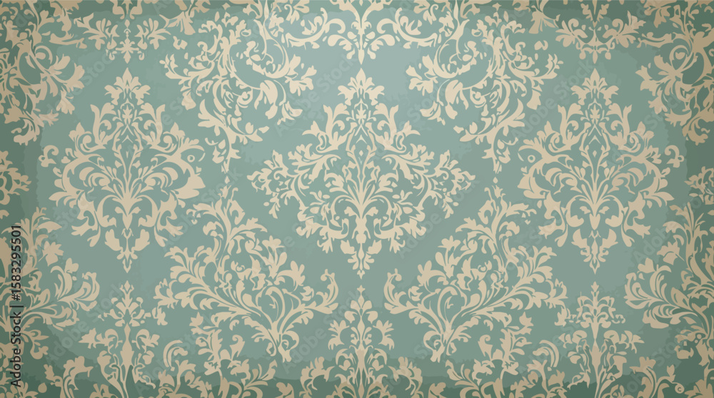 Fototapeta premium Elegant vintage damask pattern with beige floral elements on a turquoise background.