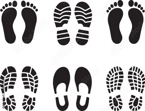 Collection of footprint and shoeprint silhouettes in black and white