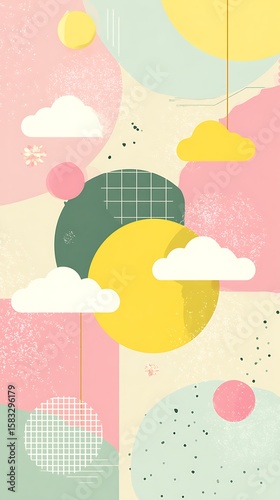 Minimalistic pastel background with pink, yellow and mint tones, featuring abstract splash shapes in playful composition, perfect for children’s wallpaper or creative packaging decoration.