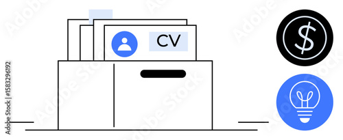 Folder with CV files enclosed underlining recruitment, icons of a dollar sign and lightbulb represent financial and innovative concepts. Ideal for HR management, innovation, hiring, business
