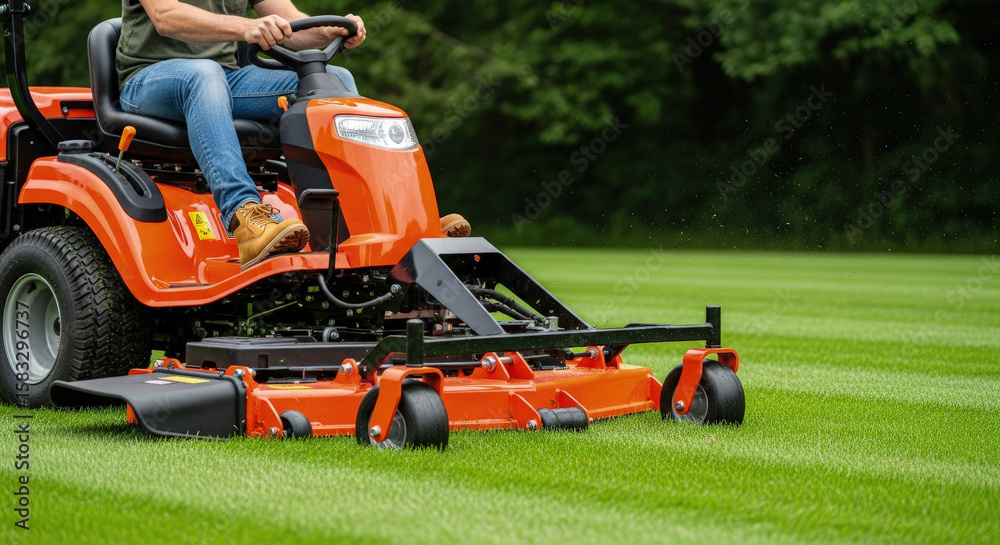 Obraz premium Professional Landscaping: Man on Riding Lawn Mower Cutting Grass. Perfect Stripes on Green Lawn. Lawn Care Services. Residential Lawn Mowing Concept.