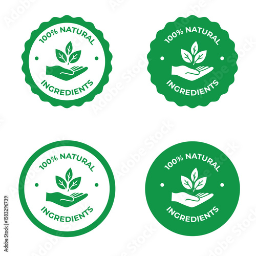 100% Natural Ingredients Badges | Eco-Friendly Organic Product Labels | Handmade Vector Icons for Food, Cosmetics, Health & Packaging

