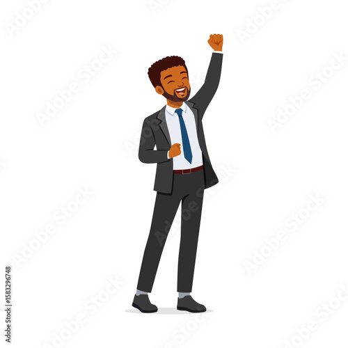 Happy African American Businessman Celebrating Success with Raised Fist in Formal Suit