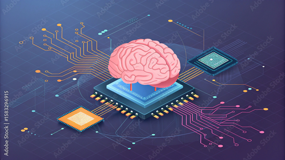 custom made wallpaper toronto digitalHuman Brain Connected to AI System – Futuristic Isometric 3D Illustration of Artificial Intelligence and Smart Learning