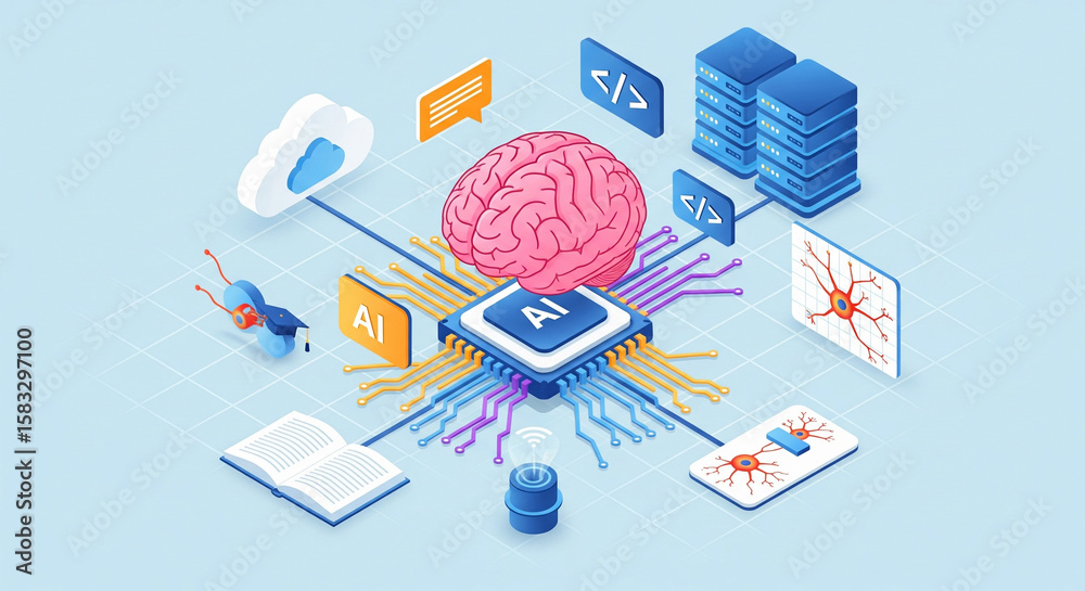 custom made wallpaper toronto digitalHuman Brain Connected to AI System – Futuristic Isometric 3D Illustration of Artificial Intelligence and Smart Learning