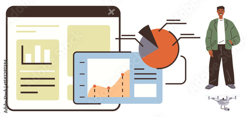 Detailed charts with analytics displayed on screens, next to a smiling man and a drone. Ideal for analytics, technology, innovation, hobbies, leisure, presentation exploration. Simple flat metaphor